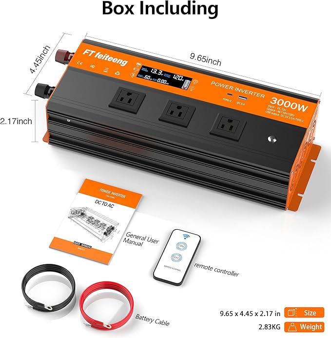 3000W Power Inverter, 12v DC to 120v Ac Inverter, Power Inverters for Vehicles with LCD Display, 3AC Sockets and USB-C & QC 3.0 Port with Remote Control for Camping Home Truck Rv Solar System