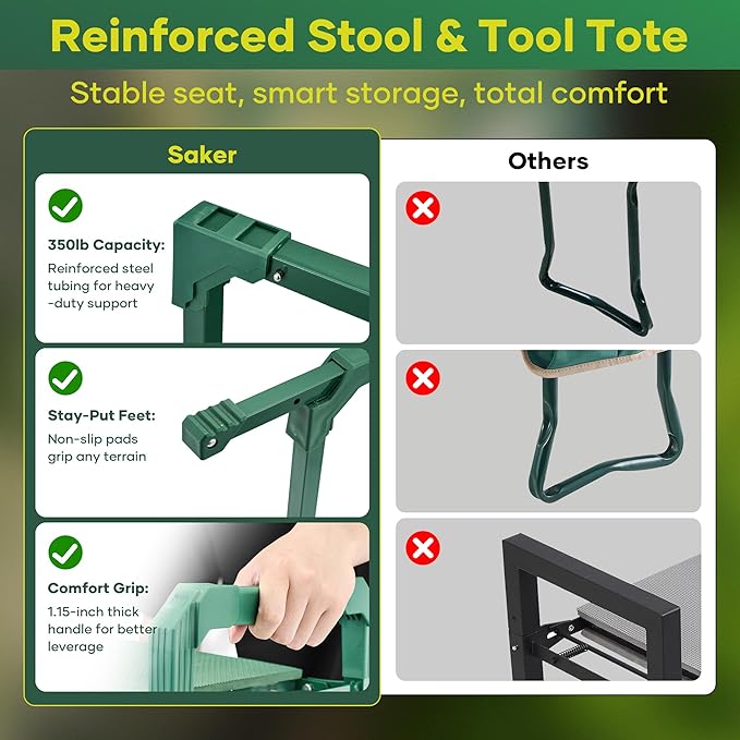 Saker Garden Kneeler and Seat Foldable Gardening Stool with Extendable Legs & Thickened Pad, Tool, Heavy Duty 400lbs Support for Elderly, Gardening, Outdoor Use