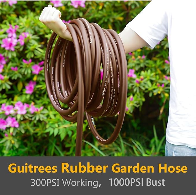 Guitrees Garden Hose 90FT x 5/8", Heavy Duty Rubber Hose, Water Hose with Five Layered Braiding, Male to Female Fittings, 1000PSI Burst, 300PSI Working (Brown)