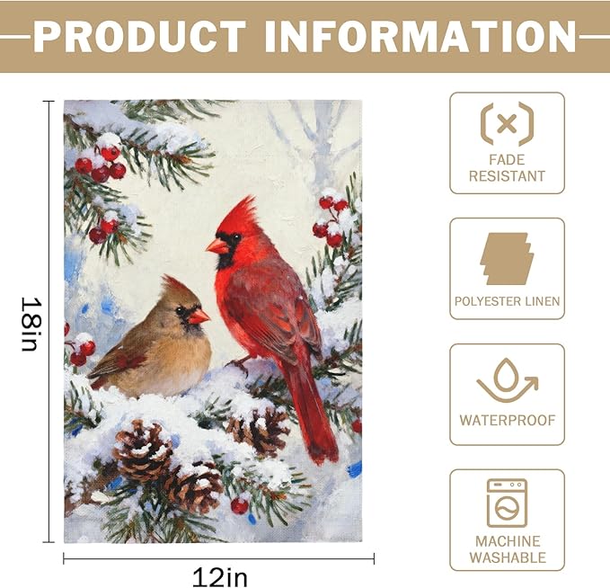 Winter Cardinal Garden Flag 12x18 Inch Pinecone Holly Christmas Snow Scene Holiday Decorative Yard Flags for Outside Double Sided Seasonal Outdoor Home Farmhouse Decoration Porch New Year Decor