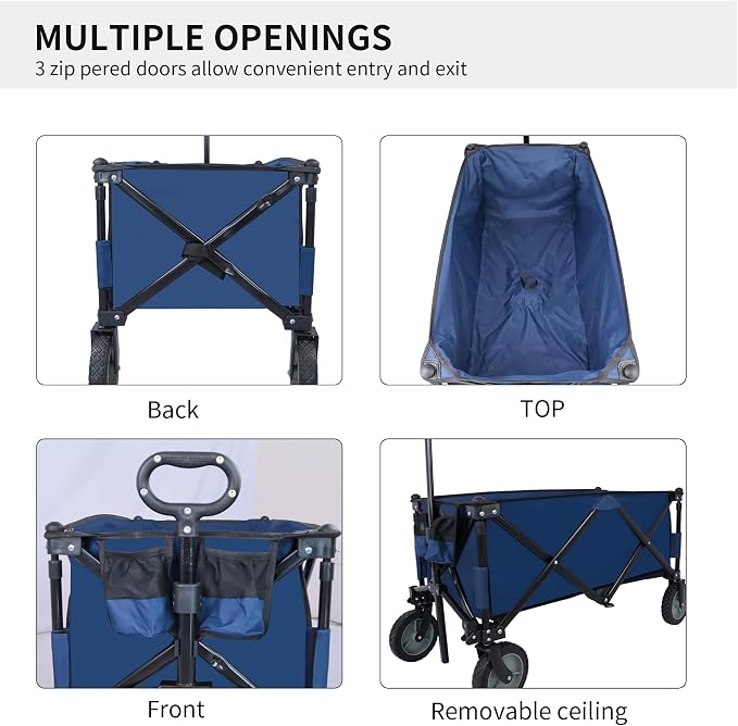 Heavy Duty Garden Cart with 7" 360°Rotation Tires Adjustable Handle 225LBS Weight Capacity Collapsible Foldable Wagon Cart F