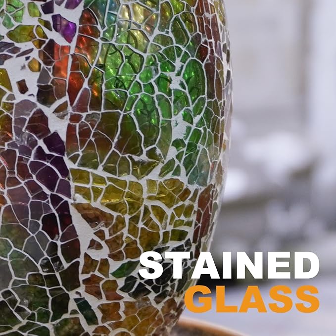Bird Feeder for Outdoor Hanging with Mosaic Stained Glass, Solar Lights, Waterproof Lantern Shape with Hook, Garden Decor Unique Gifts for Mom, Women, Grandma, Bird Lovers - Gold