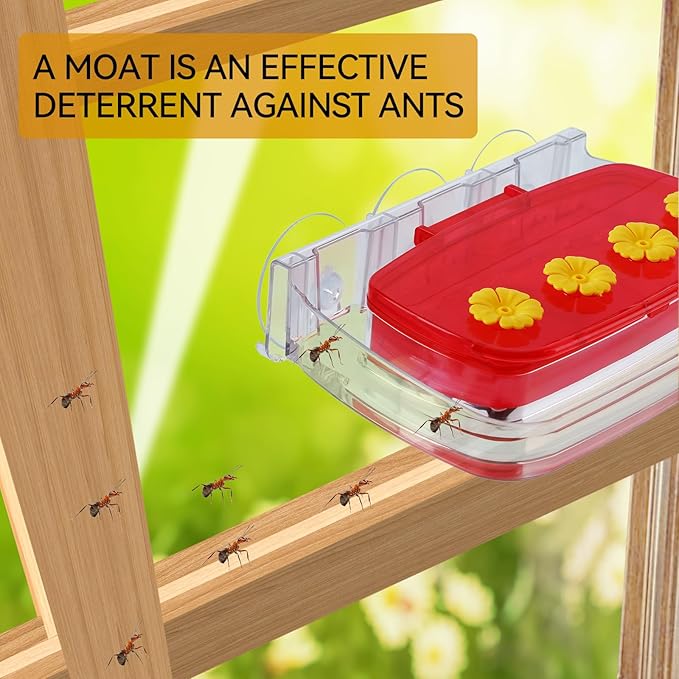 Window Hummingbird Feeder with Strong Suction Cup, Plastic Hummingbird Feeders for Outdoors, Built-in Moat,Easy to Clean and Refil (10oz) (1, Red)