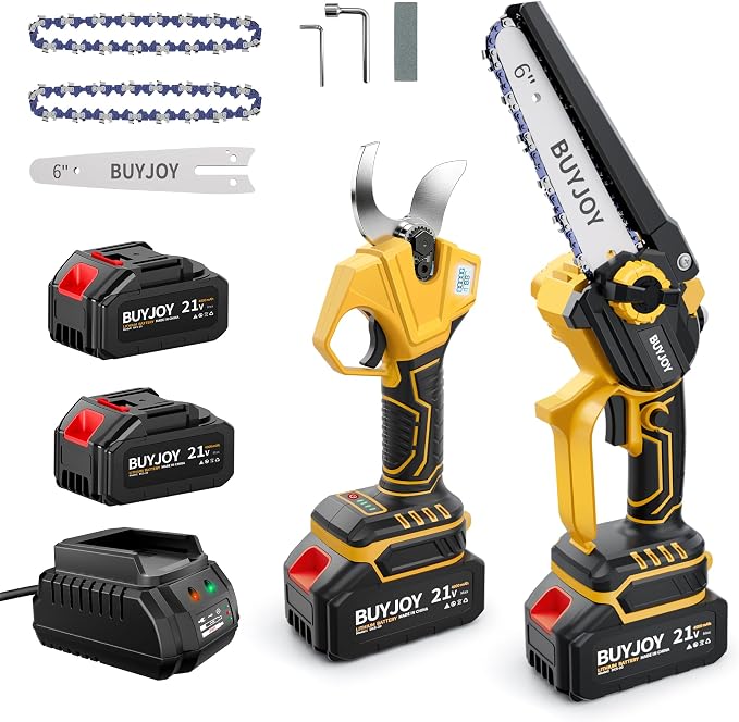 BUYJOY Mini Chainsaw & Electric Pruning Shears Combo, 6-inch Brushless Handheld Power Chain Saw, 1.8” Cutting Cordless Pruner for Tree Trimming, Tools Kit with 2x4000mAh Batteries, Fast Charger