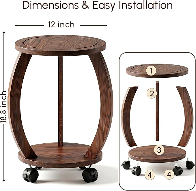 2 Pack 2 Tier Wooden Plant Stand Indoor with Wheels – Tall Plant Stand for 6-12 Inch Pots, Mid-Century Modern Rustic Plant Table Indoor, Pedestal Stand for Corner, Living Room, Balcony