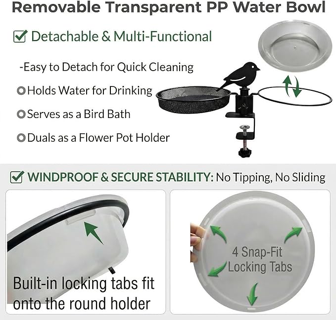 Deck Bird Feeder & Bird Bath for Balcony Railing, No-Drill Clamp Fits up to 2"/5cm – Heavy-Duty Metal Mesh Tray, Windproof Locking Water Bowl, Wild Bird Feeding Station with Cleaning Brush