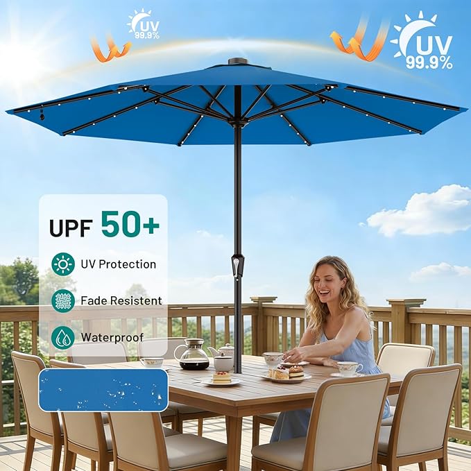 AreShark 11FT Large Patio Umbrella with Solar Lights, Lighted Solar Umbrella with Crank, Outdoor Table Market Umbrellas for Garden, Deck, Backyard, Pool and Beach, Royal Blue