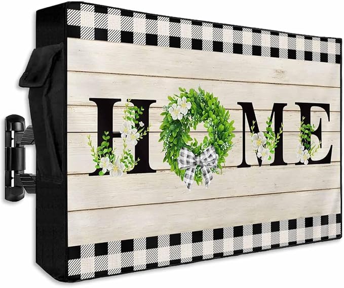 Retro Outdoor TV Cover for Outside Flat Screen,Home Text Wood Board 600D Thick Waterproof Weatherproof Outdoor TV Screen Protector with Zipper for 60 to 65 Inch Flat Screens Rustic Leaf Flower Plaid