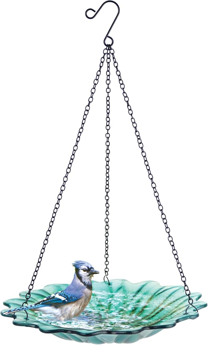 11" Recycled Glass Hanging Combination Bird Feeder and Bath for Wild Birds and Outdoor Décor, 0.625 Quart Capacity, Turquoise Dahlia Floral Design, Hanging Chains Included