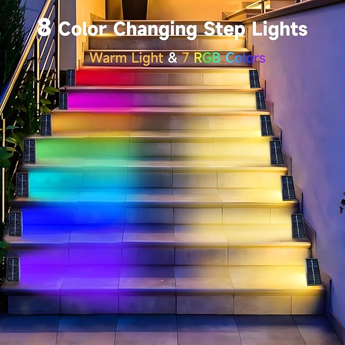 GEEKHOM Solar Step Lights Outdoor Waterproof: Auto-On/Off Warm White & 7 RGB Colors for Deck Stairs Fence Patio Yard 6 Pack
