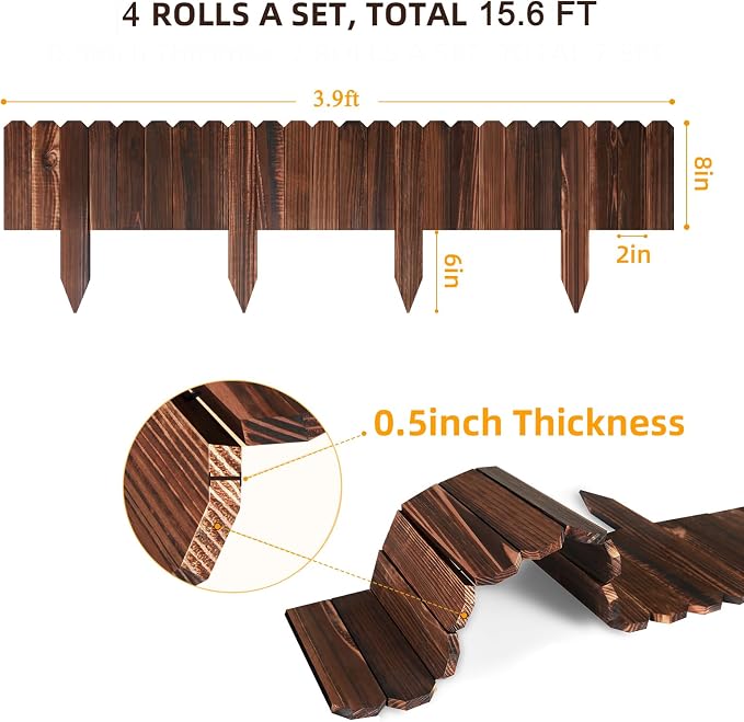 LINSHRY Wood Garden Edging, 4 Pack 7.9 in H x 3.9 ft L Wood Garden Fence for Landscape/Flower Bed Edging Borders, Garden Wooden Fence Edging (Total 15.6ft Length)