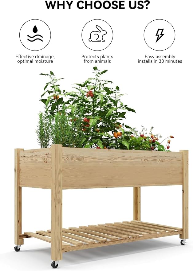 CABIHOME 48x24x32 in Mobile Elevated Raised Garden Bed, Wood Planter with Lockable Wheels, Storage Shelf & Protective Liner for Indoor/Outdoor Gardening, Natural