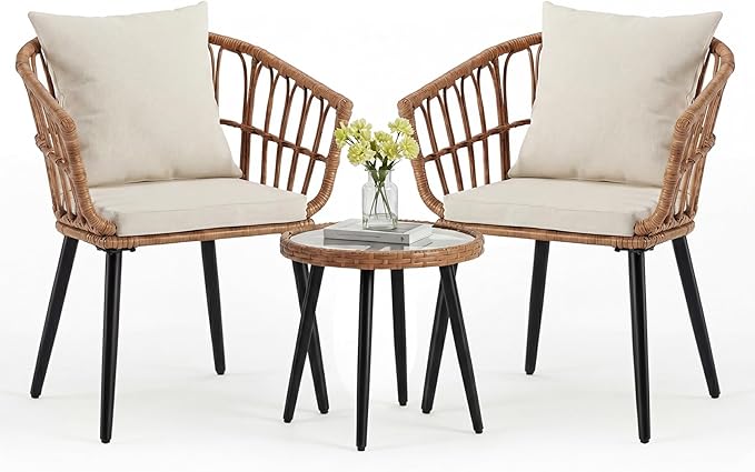 DUMOS 3 Pieces Outdoor Bistro Set, All-Weather PE Rattan Patio Furniture Set with Cushions, Steel Frame Table and Chairs for Balcony, Apartment, Porch, Beige