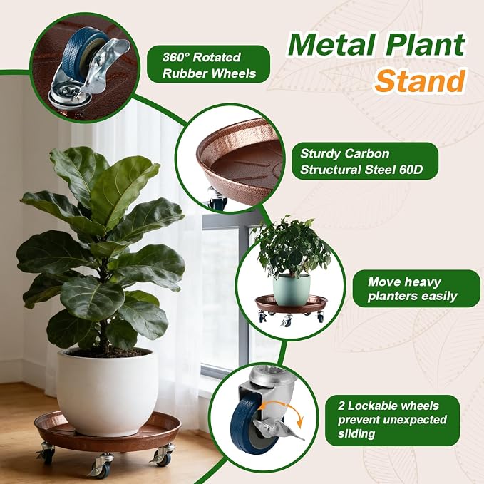 Planterhoma 4 Packs 16 Inch Metal Plant Caddy with Wheels Extra-Large Rolling Plant Stand Heavy-Duty Iron Plant Dolly Casters for Indoor Outdoor Flower Pot Mover Roller Coasters, Copper