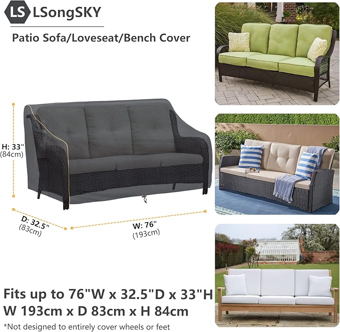 Patio 3-Seater Sofa Cover,Outdoor Couch Cover Fits up to 76W x 32.5D x 33H Inches,100% Waterproof Heavy Duty Patio Furniture Covers,Black
