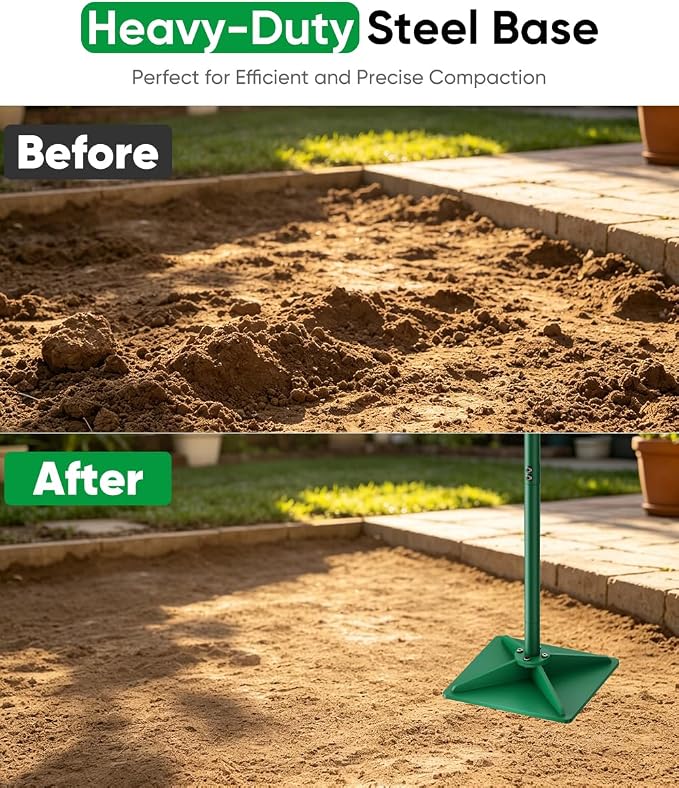 Heavy Duty Steel Hand Tamper, 8"x8" Soil Plate Compactor with 44" Adjustable Handle & Rubber Grip, Anti-Loose Ladscaping Tools for Ground, Gravel, Dirt, Sand, Asphalt, Pavers, Blacktop, Green
