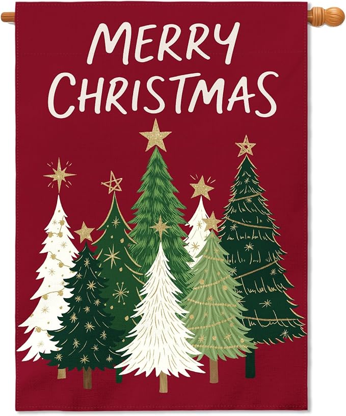 Merry Christmas House Flag 28x40 Inch Dark Red Green Xmas Tree Holiday Winter Decorative Garden Flags for Outside Double Sided Seasonal Outdoor Home Farmhouse Decoration Porch Yard New Year Decor