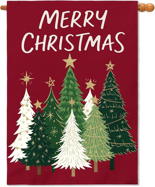 Merry Christmas House Flag 28x40 Inch Dark Red Green Xmas Tree Holiday Winter Decorative Garden Flags for Outside Double Sided Seasonal Outdoor Home Farmhouse Decoration Porch Yard New Year Decor