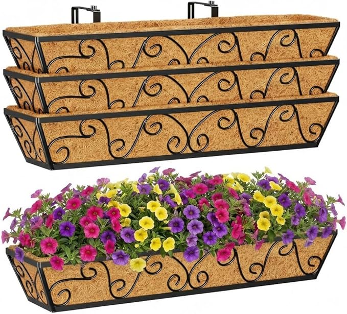 Y&M 4Pcs 30'' Large Railing Planter Boxes with Coco Liner, Outdoor Hanging Window Flower Boxes for Deck, Fence, Porch, and Patio