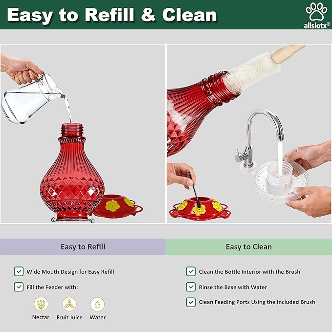 Glass Hummingbird Feeder for Outdoors Hanging, 20 oz Nectar Capacity, 6 Feeding Ports, Leak-Proof Rust-Free Plastic Base, Easy to Refill & Clean, Decorative Red Glass Bird Feeder for Garden Patio