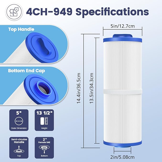 4CH-949 Spa Filter Compatible with Unicel, Pleatco PWW50L, Filbur FC-0172, SD-01143, 817-4050, Baleen AK-90091, Rising Dragon 50, Waterway Teleweir 50 sqft hot tubs Filter Cartridge, 2 Pack