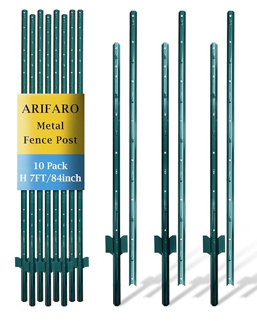 ARIFARO Metal Fence Posts 7 Feet assemblable,Pack of 10,Sturdy Duty No Digging Garden U Post for Wire Fencing Steel Poles for Yard, Outdoor