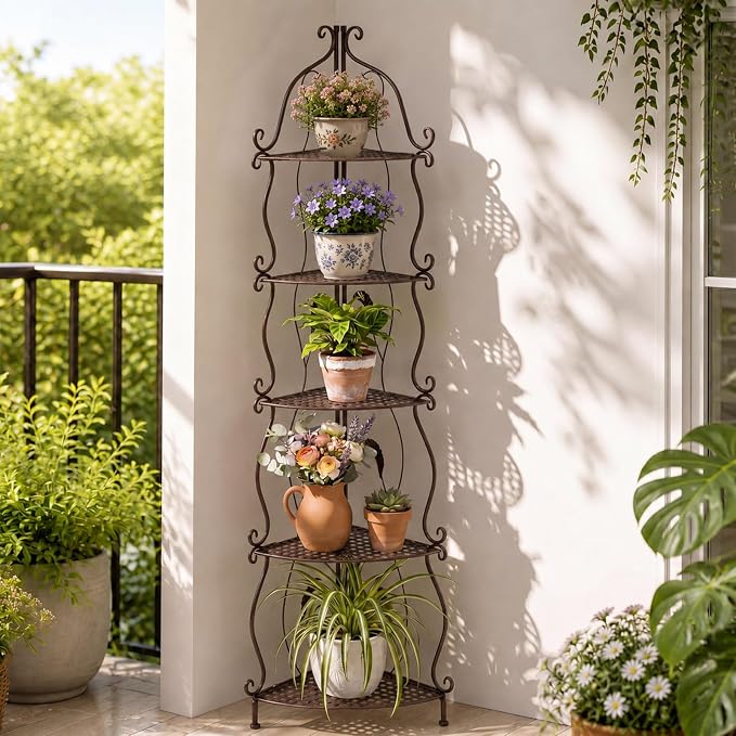 Gisafai 5 Tier Outdoor Corner Plant Stand, Corner Bakers Rack, No Assembly Required Metal Corners Shelf, for Patio Garden Balcony Indoor Outdoor Decor(Rustic Brown)
