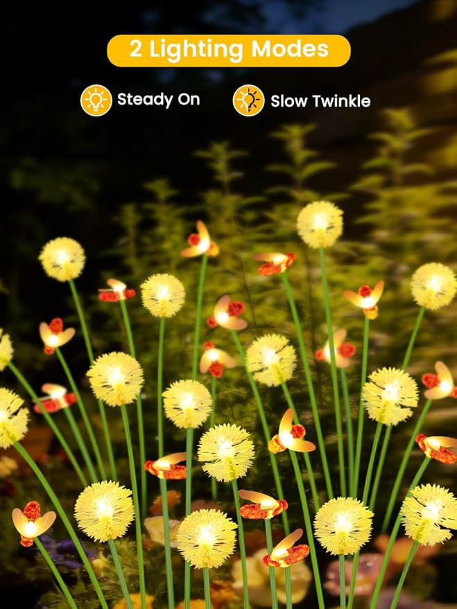 EEW Solar Garden Lights Outdoor 4 Pack 32 LED Swaying Dandelion Bee Lights | Newly 3-Layer Design, Auto On/Off, IP65 Waterproof, 2 Modes, Adjustable Stem, Garden Lawn Pathway Patio Party Decorations