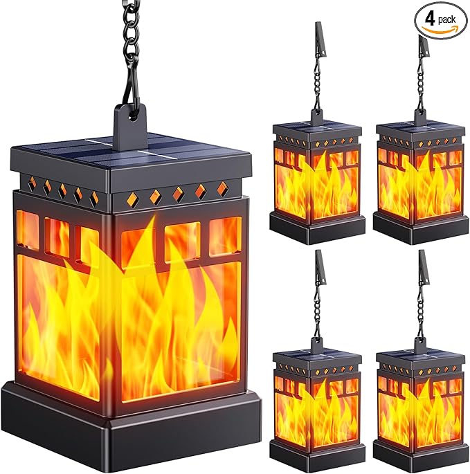 KOOPER Hanging Solar Lanterns Outdoor Waterproof, 4PCS Flickering Flame Hanging Solar Lights for Outside, Outdoor Solar Lanterns up to 12 Hours, Lanterns Decorative for Patio Porch Yard Garden Decor
