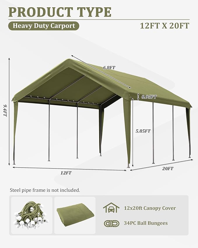 Carport Canopy Replacement Cover 12x20 Heavy Duty Outdoor Portable Car Canopy Oxford Waterproof UV & Tear Resistant Garage Canopy with Ball Bungees (Frame is Not Included)