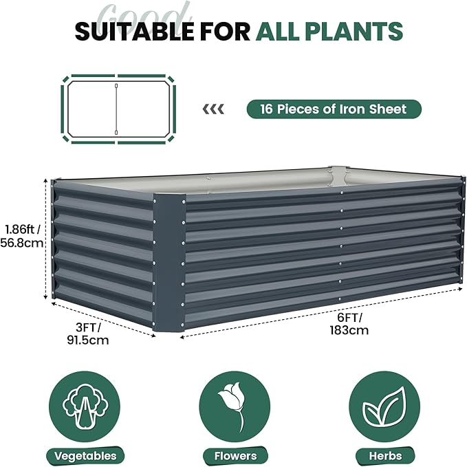 G GOOD GAIN 6x3x2 ft Galvanized Raised Garden Bed Kit, Large Metal Planter Box Outdoor for Vegetables, Flowers, Herbs, 269 Gallon Capacity Deep Root Design, Grey