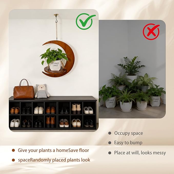 Tnstbiee Moon-Shaped Wooden Hanging Plant Stand,Nordic Modern Window Plant Shelf, Space-Saving Indoor Flower Holder for 3-5.5 Inch Pots,Aesthetic Hanging Plant Tray Decor,Gifts for Gardener & Mother