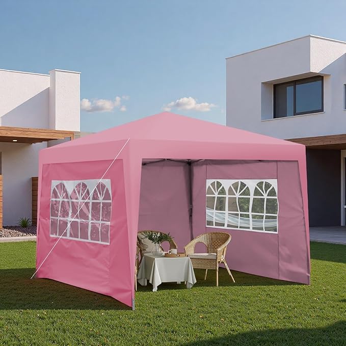10x10FT Canopy Tent, Outdoor Gazebo Pop up Canopy with 4 Removable Sidewalls & 2 Windows, Patio Camping Shade Canopy with 4 PCS Weight Sand Bag & Carry Bag, Ideal for Parties Events, Pink