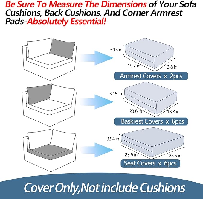 14Pcs Patio Cushion Covers Replacement Splashproof UV-Resistant Inelastic Covers with Zippers, Max Compatible 23.6x23.6x3.9 inch Patio Cushion, for 7 Pcs Outdoor Patio Furniture Sets