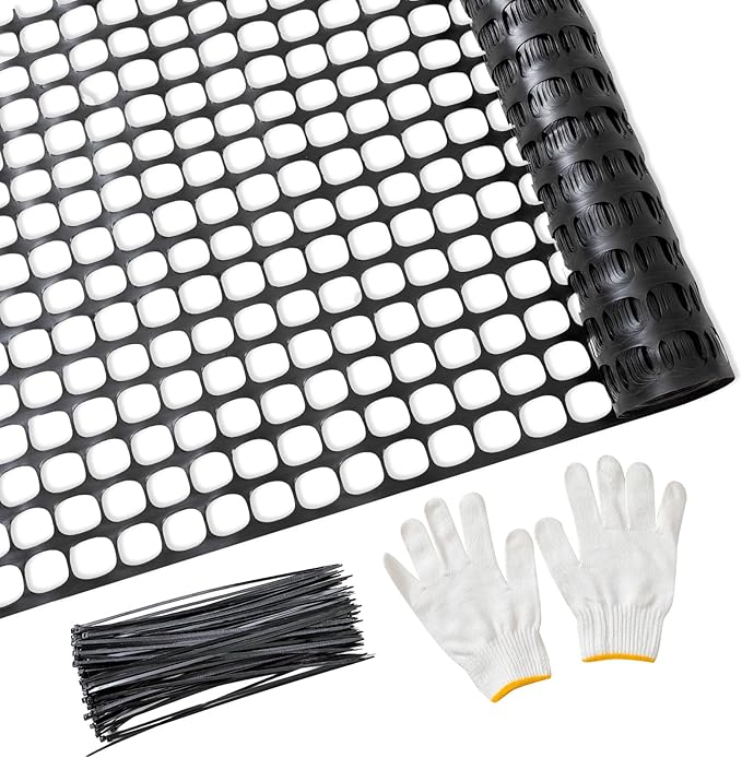 PotatoLife Plastic Mesh Fence Safety Fence, 2'x25' Roll with 50 Zip Ties, Resuable Temporary Netting for Garden Fencing, Construction, Snow Fencing, Animal Barrier, Poultry, Deer, Patio, Black