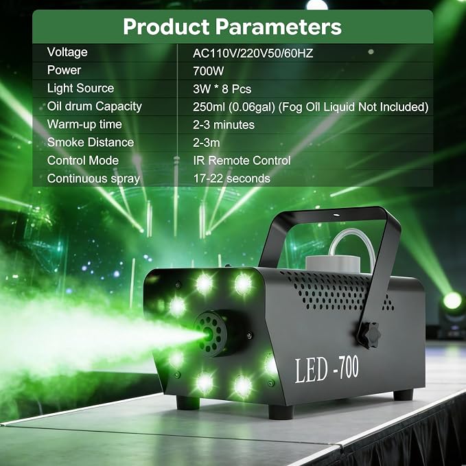 700W Professional Smoke & Fog Machine with 14 Color LED Lights – Wireless Remote Control, Continuous Spray, Durable Design – Perfect for Halloween Weddings Party Event, 2 Pack
