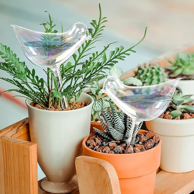 KiKiHeim 2Pcs Plant Watering Globes, Colorful Glass Plant Self Watering Devices, Bird Shape Self Watering Globes, Water Bulbs for Indoor Plants