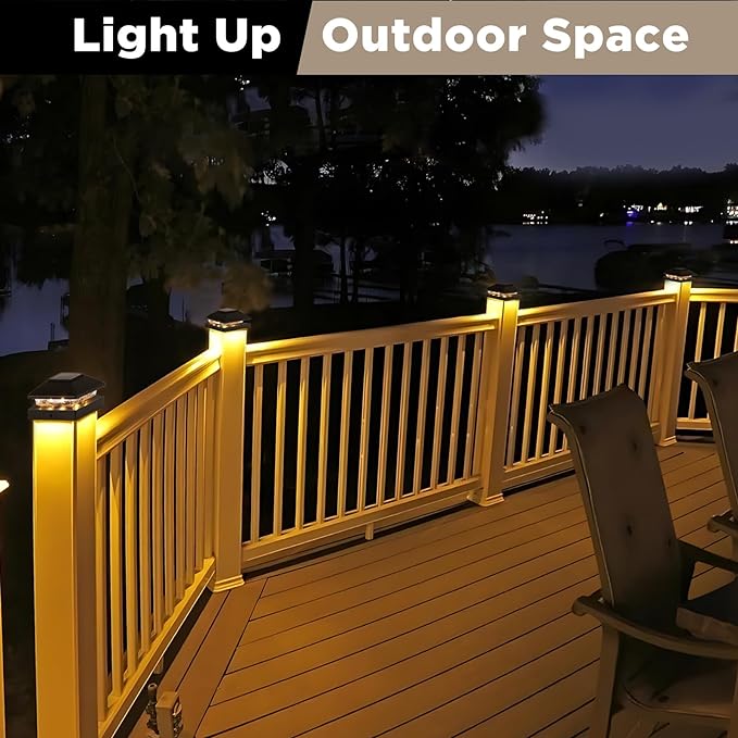 Solar Post Cap Lights Outdoor 6pack, Black Waterproof Solar Powered Deck Fence Post Lights Fit 4x4 Wood/Vinyl Posts, Bright Warm White Solar Post Lights Decorate Deck, Patio, Porch, Fence