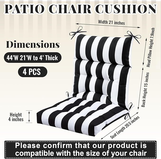 Sintuff 4 Pcs 44 x 21 x 4 Patio Chair Cushions Outdoor Chair Cushion Seat/Back Tufted Pillow with Ties Water Resistant Replacement Indoor Patio Furniture Outdoor Furniture (Stripe,Black,White)