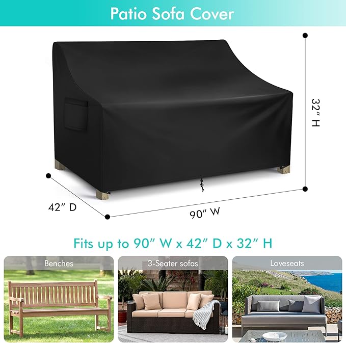 WLEAFJ Patio Sofa Cover Waterproof, 3-Seater Outdoor Sofa Cover, Heavy Duty Outdoor Couch Cover, Large Lawn Patio Furniture Covers with Air Vent, 90’’ W x 42’’ D x 32’’ H