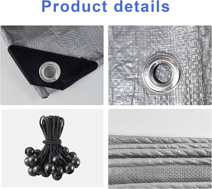 10 x 20 Ft Heavy Duty Carport Replacement Canopy Waterproof & UV Protected Garage Top Tent Shelter Tarp with 44 Ball Bungees Cords, Only Top Cover, Silver Grey