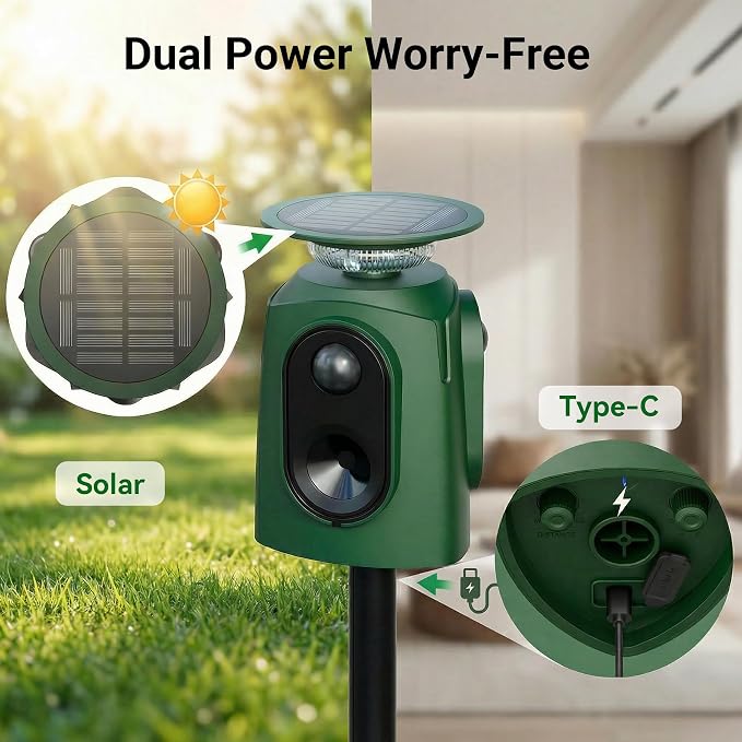 Solar Powered Cat Repellent Ultrasonic Deer Repellent 360 Degree Animal Deterrent Waterproof Squirrel Repeller with Flashing Light Outdoor Skunk Repellent Outdoor Yard Lawn Garden