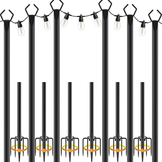 6 Pack 10 ft Heavy Duty Metal String Light Poles Adjustable Outdoor Lighting Stand for Patio,Backyard,Garden,Party & Wedding Rustproof & Sturdy with Hooks