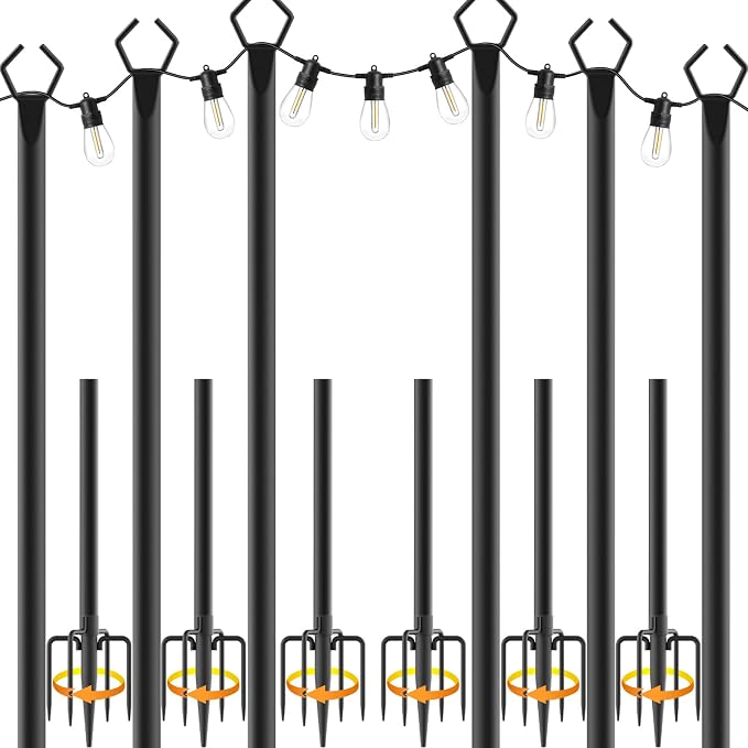 NUERPO 6 Pack String Light Poles,Metal Poles for Hanging Outdoor Light Strings,6 Pack 10 FT Light Poles Stand for Outside Garden,Patio,Wedding,Backyard,Deck,Party