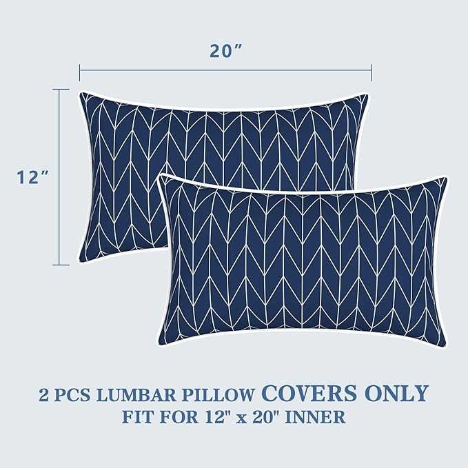 LVTXIII 2 Pack Outdoor Lumbar Pillow Covers 12x20 Inch with Piping, Water-Repellent Back Cushion Covers ONLY for Patio Furniture, Sofa, Garden Bench, Herringbone Navy