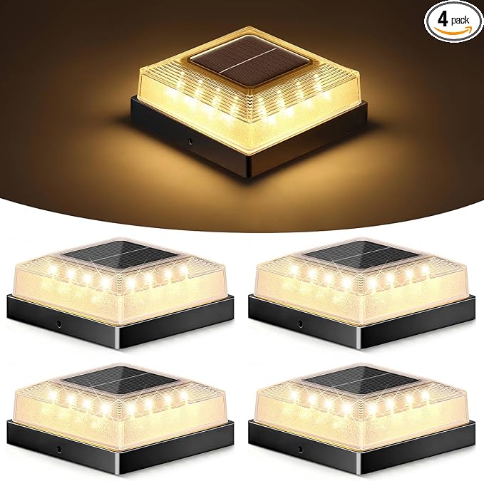 Brightever 3.5x3.5 4x4 Solar Post Cap Light Outdoor, 4-Pack Fence Post Solar Lights for Wooden/Vinyl Posts, 3 Lighting Modes, Solar Powered Waterproof Deck Post Lights for Garden Patio, Black