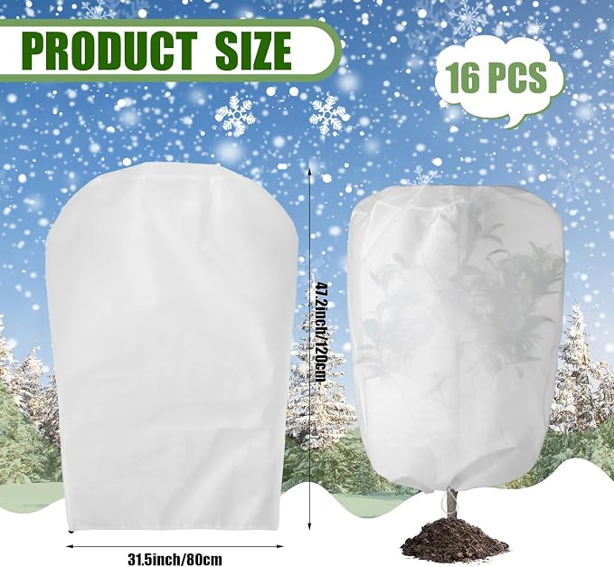 SATINIOR 16 Pcs 32 x 47 Inch Plant Covers Freeze Protection, Reusable Plant Protector Frost Cloth Warm Blankets, Winter Bush Tree Cover with Drawstring Outdoor (White)