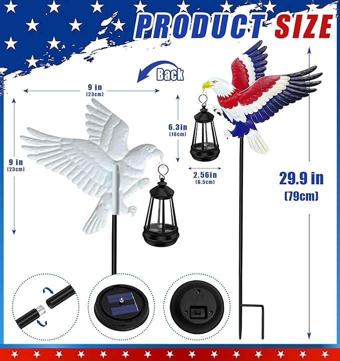 Solar Lights Outdoor Waterproof Eagle Garden Decor,29.9in Metal Eagle with Solar Lights,250th Anniversary America Eagle Patriotic Decorations Outdoor,Decorative Garden Stakes for Yard Art Patio Porch