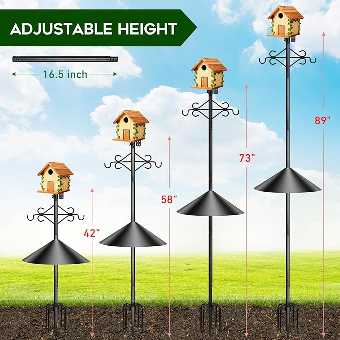Gbekery 89 inch Double Hooks Heavy Duty Bird Feeder Pole with Squirrel Baffle for Outdoors,5-Prong Base Adjustable Bird House Pole for Smart Camera Birdfeeder,Bluebird House