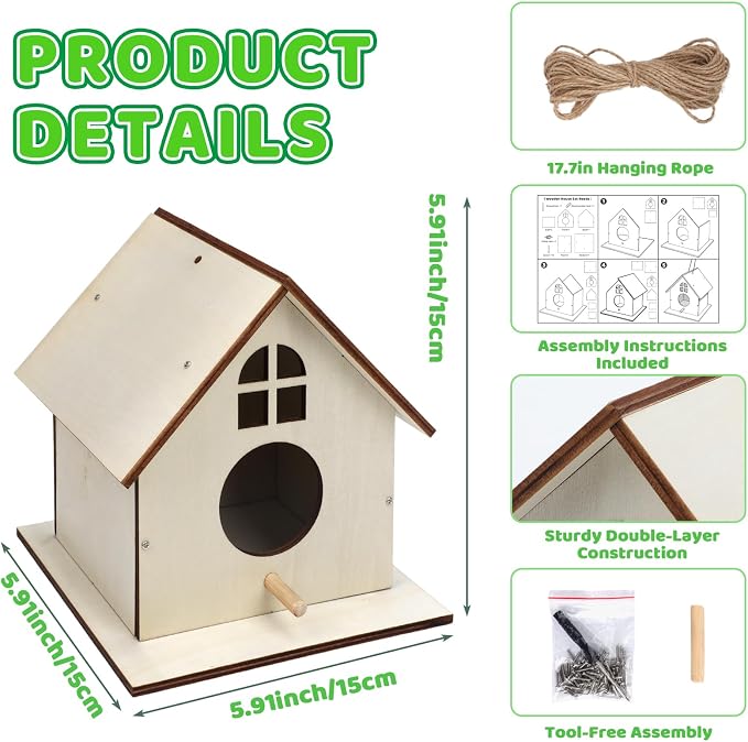 18 Pack Wooden DIY Birdhouse Kit for Kids Adults, Thickened Double-Layer Wood with Screwdrivers, Nails, Ropes, Easy Build & Paint Arts and Crafts Set for Backyard Garden Bird Watching